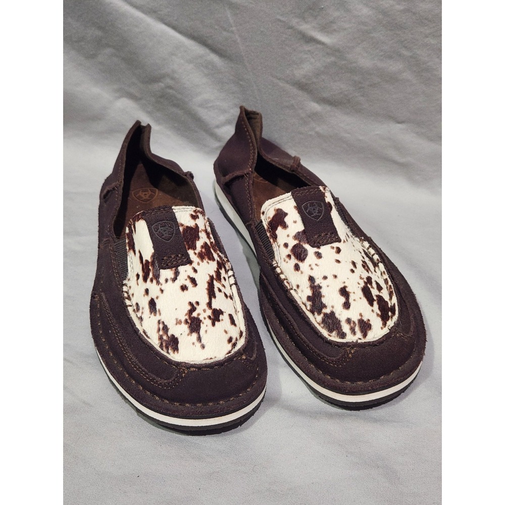 Ariat Cruiser 6.5B Women Brown Leather Hair Cow Hide Print Loafer Chocolate Chip